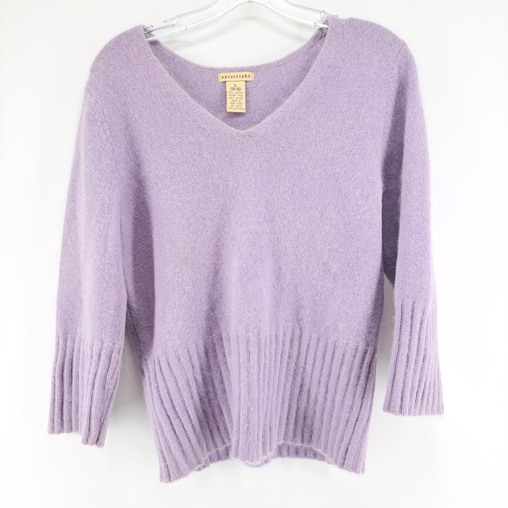 VTG Apostrophe Angora Sweater Large Rabbit Soft Fuzzy V-Neck Lavender Purple